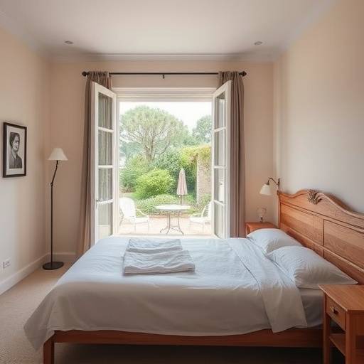 Chambre de la Bastide des Lavandes : lit double avec vue sur le jardin.