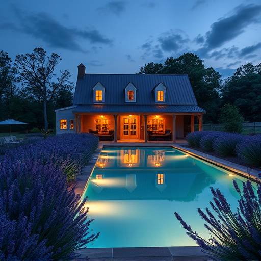 Image de la Bastide des Lavandes avec sa piscine illuminée au crépuscule.