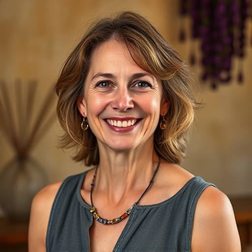 Photo portrait d'Isabelle Moreau, co-fondatrice des Olivades Provenäales, souriante et chaleureuse.